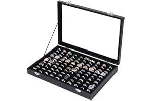 Ausalivan Ring Holder Organizer Box, Jewelry Display Case, Earring Necklace Storage Tray With Top Glass Lid (Black, 100 Slots)