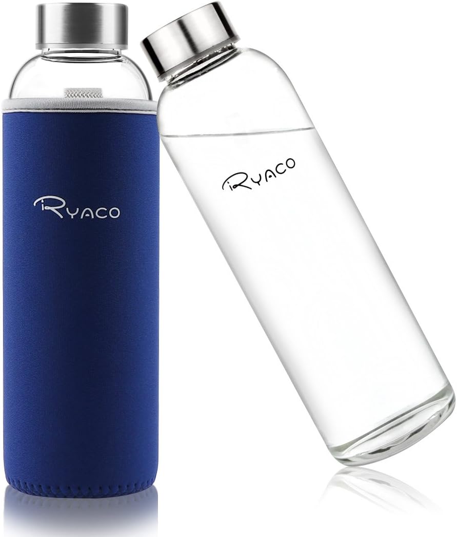 Ryaco Glasflasche Trinkflasche Classic Tragbare 550ml BPA-frei für unterwegs Sportflasche Glas Wasserflasche zum Mitnehmen von kalten Heiß Getränken mit Neopren Tasche und Schwammbürste