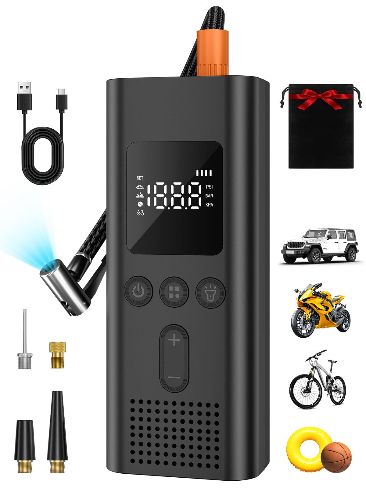 Photo 1 of AIRSURE Tire Inflator Portable Air Compressor, 150 PSI Fast Inflation Cordless Air Pump with LED Light, Auto Shut-Off, Rechargeable Battery for Car, Motorcycle, Bike, and Sports Balls