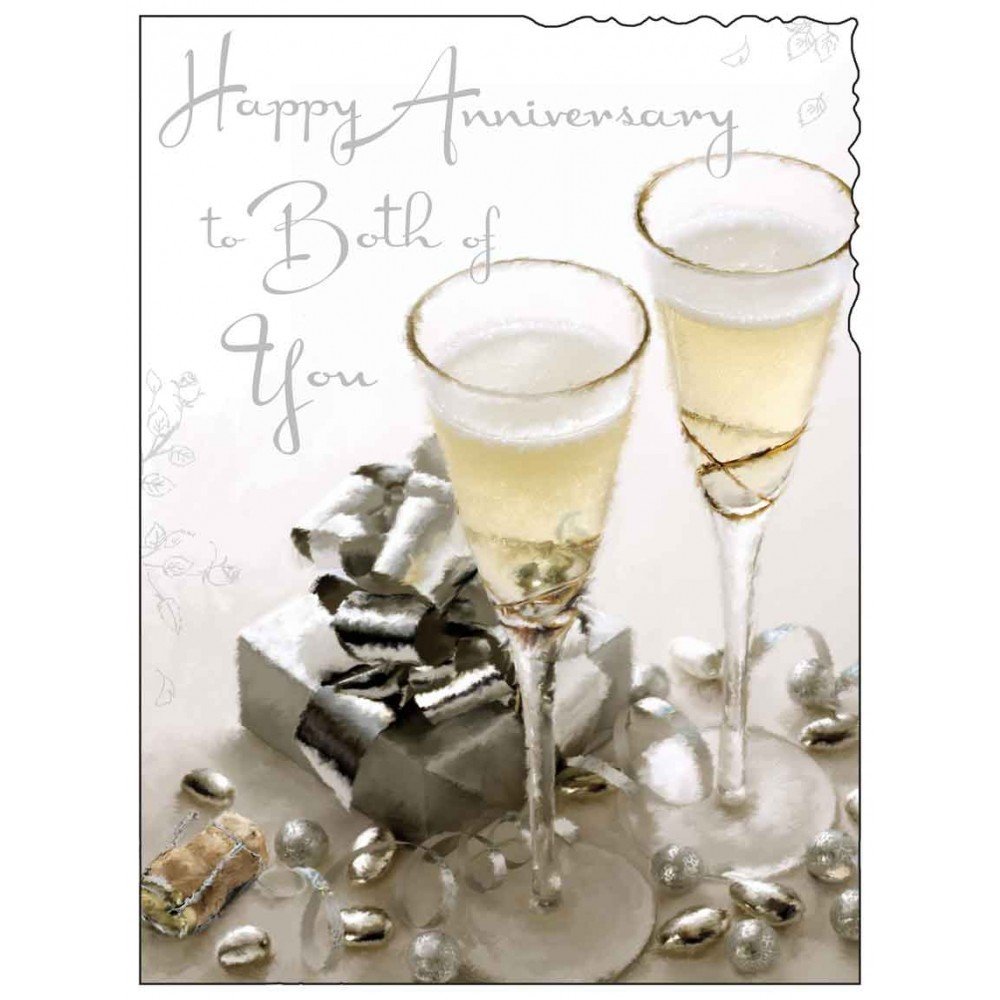 Happy Anniversary Card (JJ1160) Both Of You - Champagne & Present - Silver Embossed & Flittered Finish
