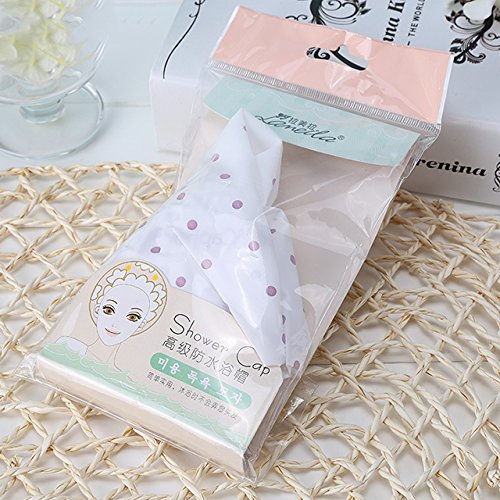 Lameila Brand Shower Cap for Girls Teens Women with Elastic Band and EVA material , PVC-free , Chlorine-free , Mold Resistant , Waterproof , Washable , Reusable , White Purple Dot