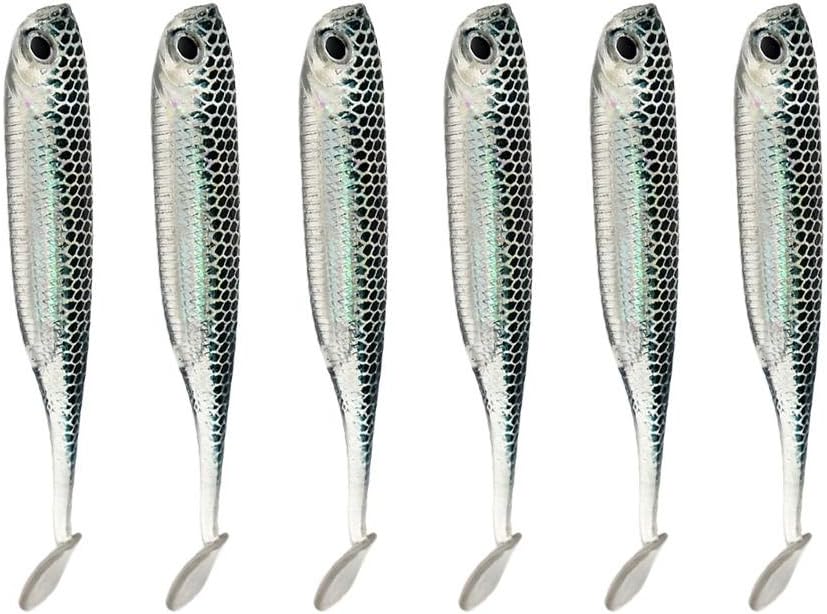akaddy 6pcs 2.1g/70mm T Tail Soft PVC Fishing Lures Fresh Water Sea Fishing Baits