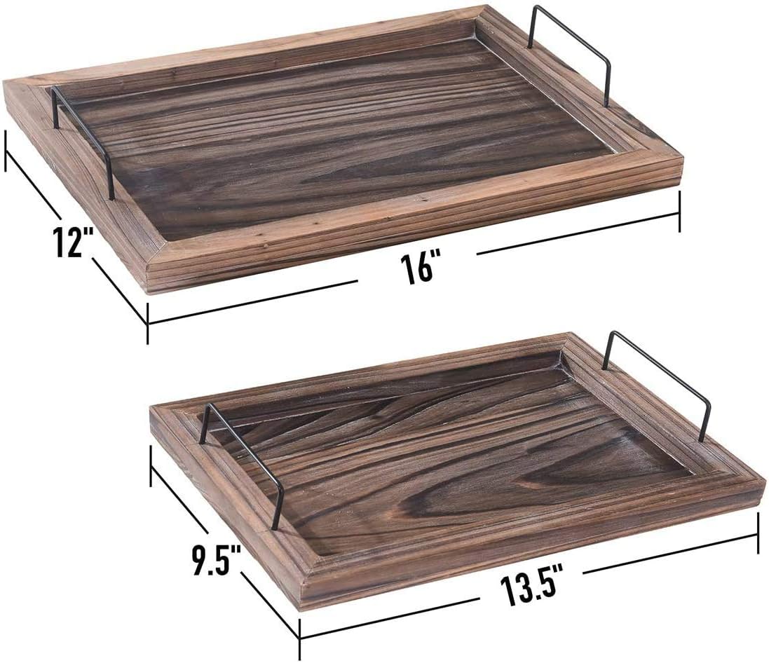  | RHF Serving Trays, Vintage Serving Tray, Rustic Wood Trays, Rectangular Tray Set, Nesting Serving Tray, Butler Lap Trays with Metal Handles, Rustic Ottoman Tray, Brown, Set of 2: Serving Trays