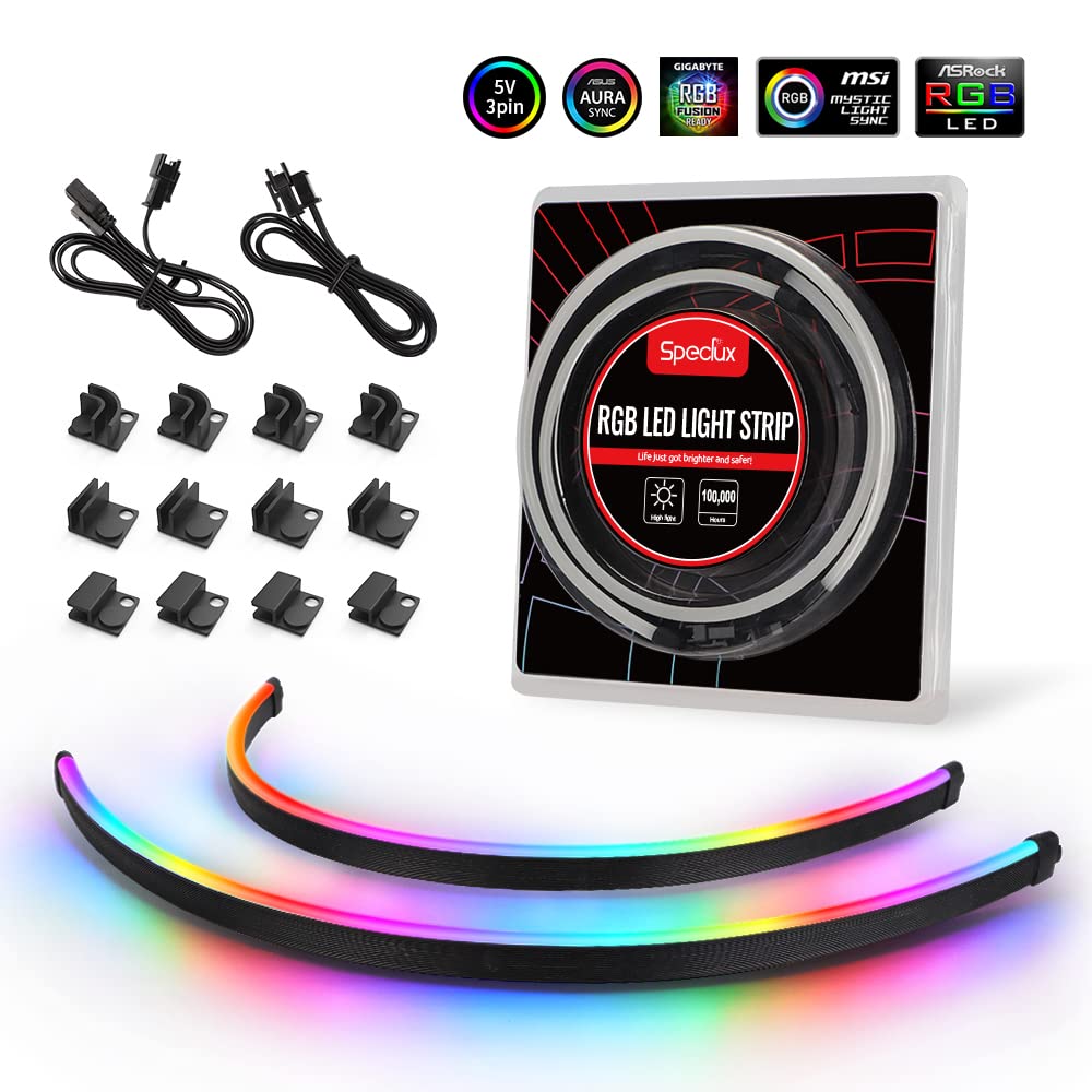 Speclux NEON Addressable RGB PC LED Strip, 2x15.7inch WS2812 RGBIC Rainbow Magnetic ARGB Strip for 5V 3-pin Aura SYNC, Gigabyte RGB Fusion, with 12pcs Strong Magnetic Brackets