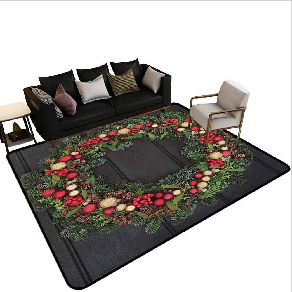 MsShe Outdoor carpet Christmas,Christmas Wreath Design with Little Baubles Mistletoe Spruce Fir Dark Oak Image, Multicolor