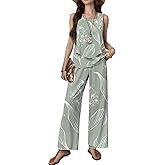 LOZ Womens Print Lounge Sets 2 Piece Outfits 2025 Summer Pants Sets Green Boho Sleeveless Tank Wide Leg Matching Tracksuits
