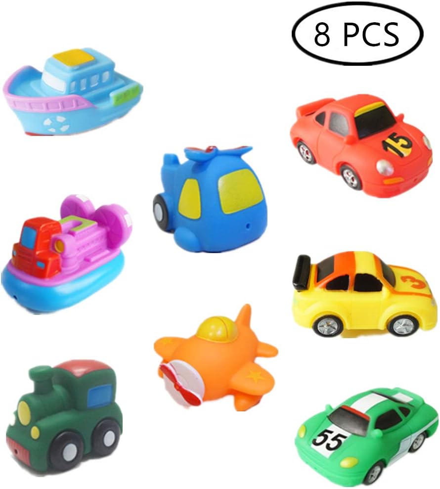 DQTYE 8pcs Baby Floating Bath Toys Soft Squirt Bathing Rubber Boat Vehicle Ship Car Aircraft Bathtub Water Game