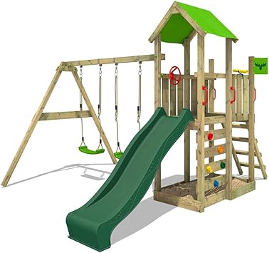 FATMOOSE Parque infantil de madera MagicMango Move XXL con columpio y tobogán verde, Torre de escalada de exterior con arenero y escalera para niños: Amazon.es: Bricolaje y herramientas