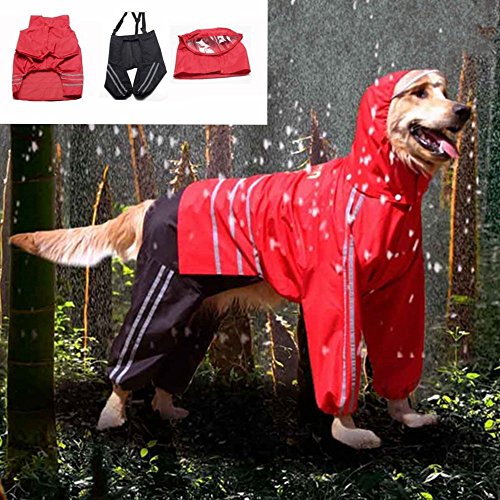 Leowow Large Dog Double Layer Hoodie Raincoat Waterproof Rain Wear Reflective Stripe Jacket (Large, Red)
