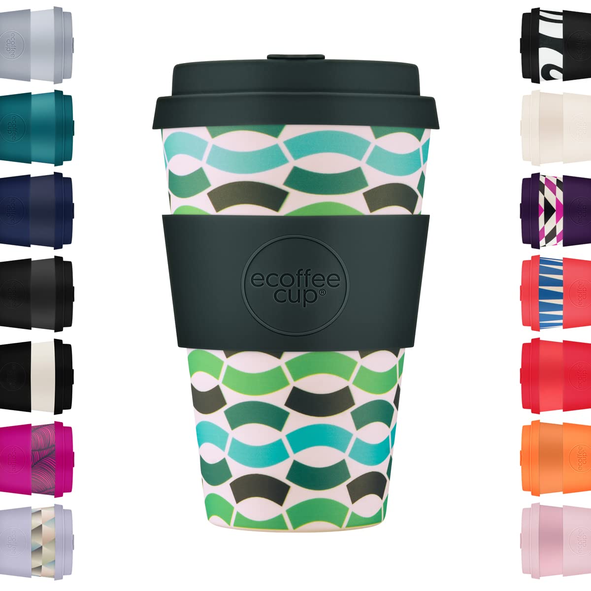 Ecoffee Cup 14oz 400ml Reusable Eco-Friendly 100% Plant Based Coffee Cup with Silicone Lid & Sleeve - Melamine Free & Biodegradable Dishwasher/Microwave Safe Travel Mug, Bloki Balentina