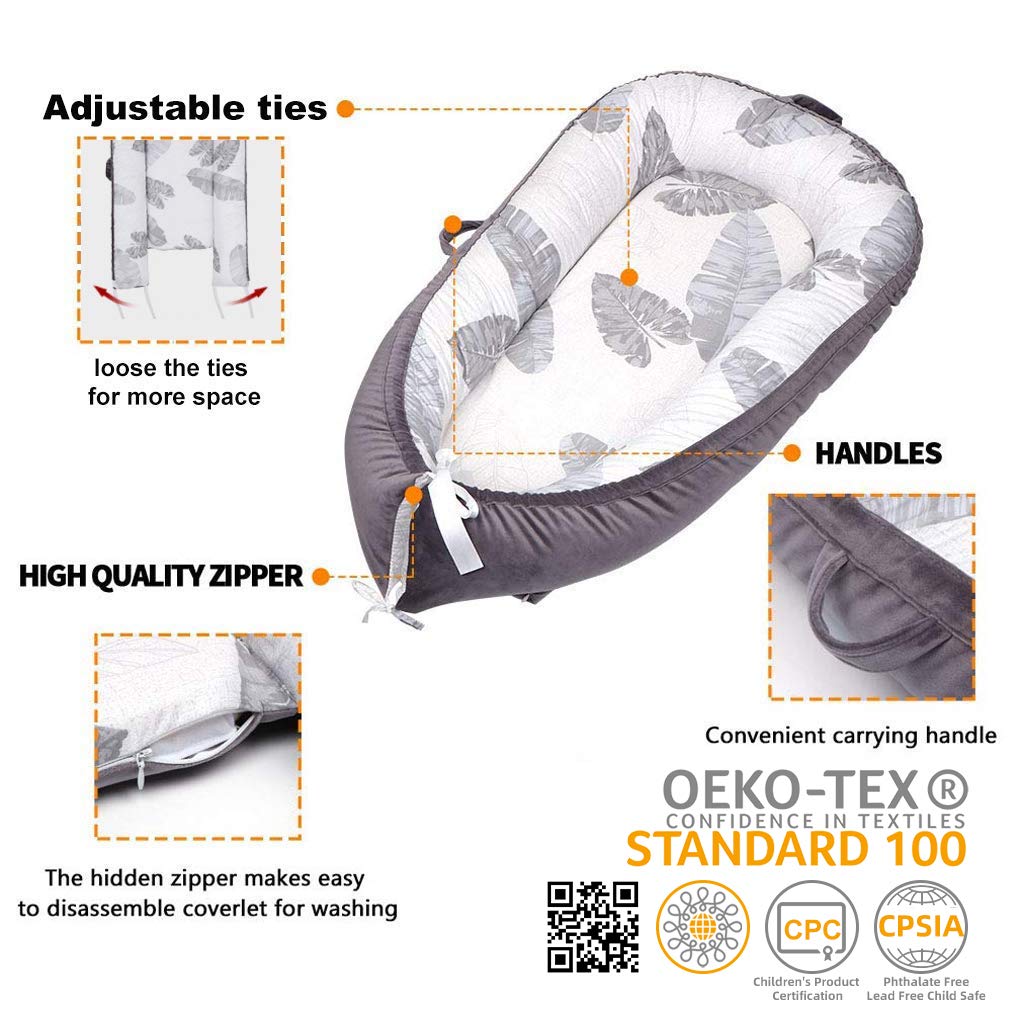 Mamibaby Baby Lounger Baby Nest Co-Sleeping for Baby, Ultra Soft Cotton & Breathable Fiberfill Portable Adjustable Newborn Lounger Crib Bassinet | Newborn Shower Gift Essential (Leaves Pattern): Baby