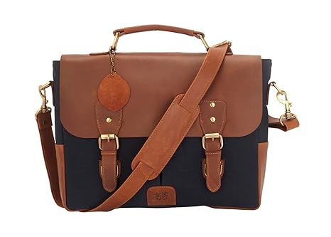 Tribe Gond Leather Blue Canvas and Tan 14 Unisex Laptop Bag with Utility Pockets & Compartments