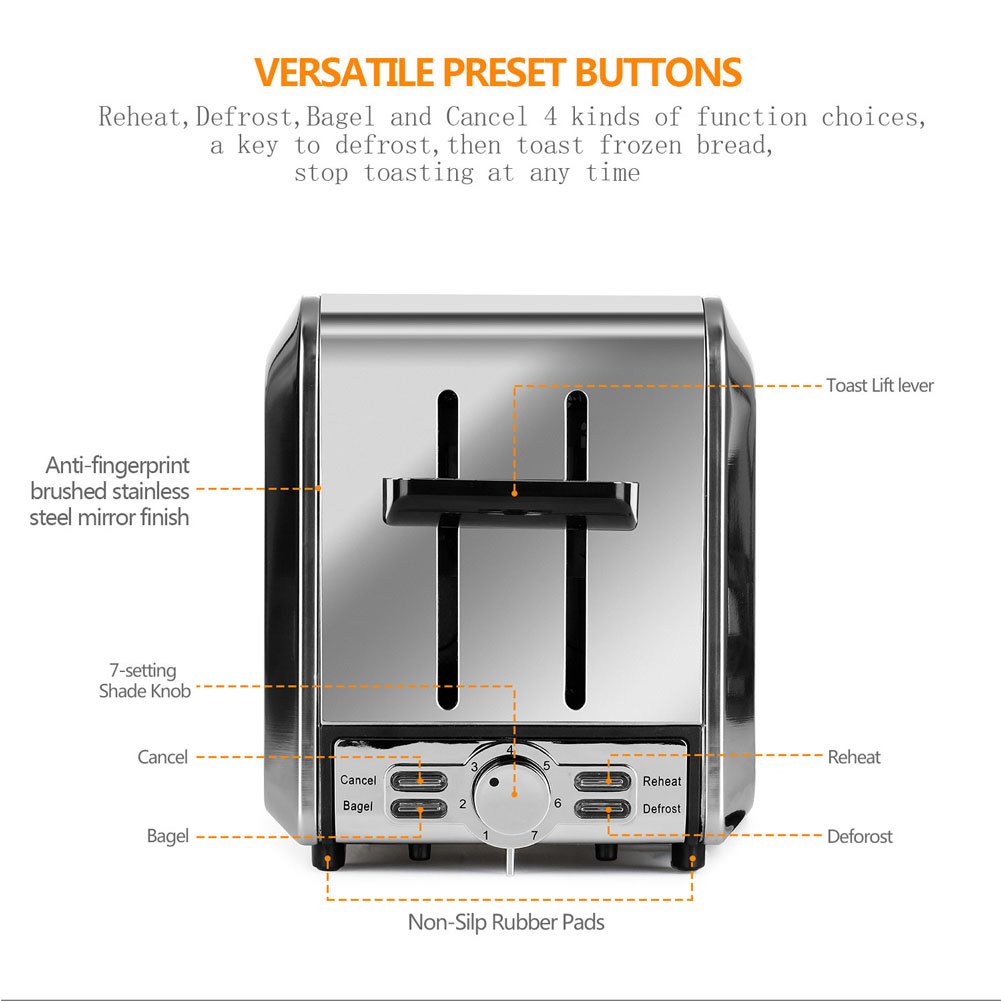 Toaster,Fortune Candy White Toaster 2 Slice,Stainless Steel Toaster with Extra Wide Slots,Removable Crumb Tray,High Lift Lever,Bagel Defrost Reheat Cancel Function,7 Setting Shade Selectors