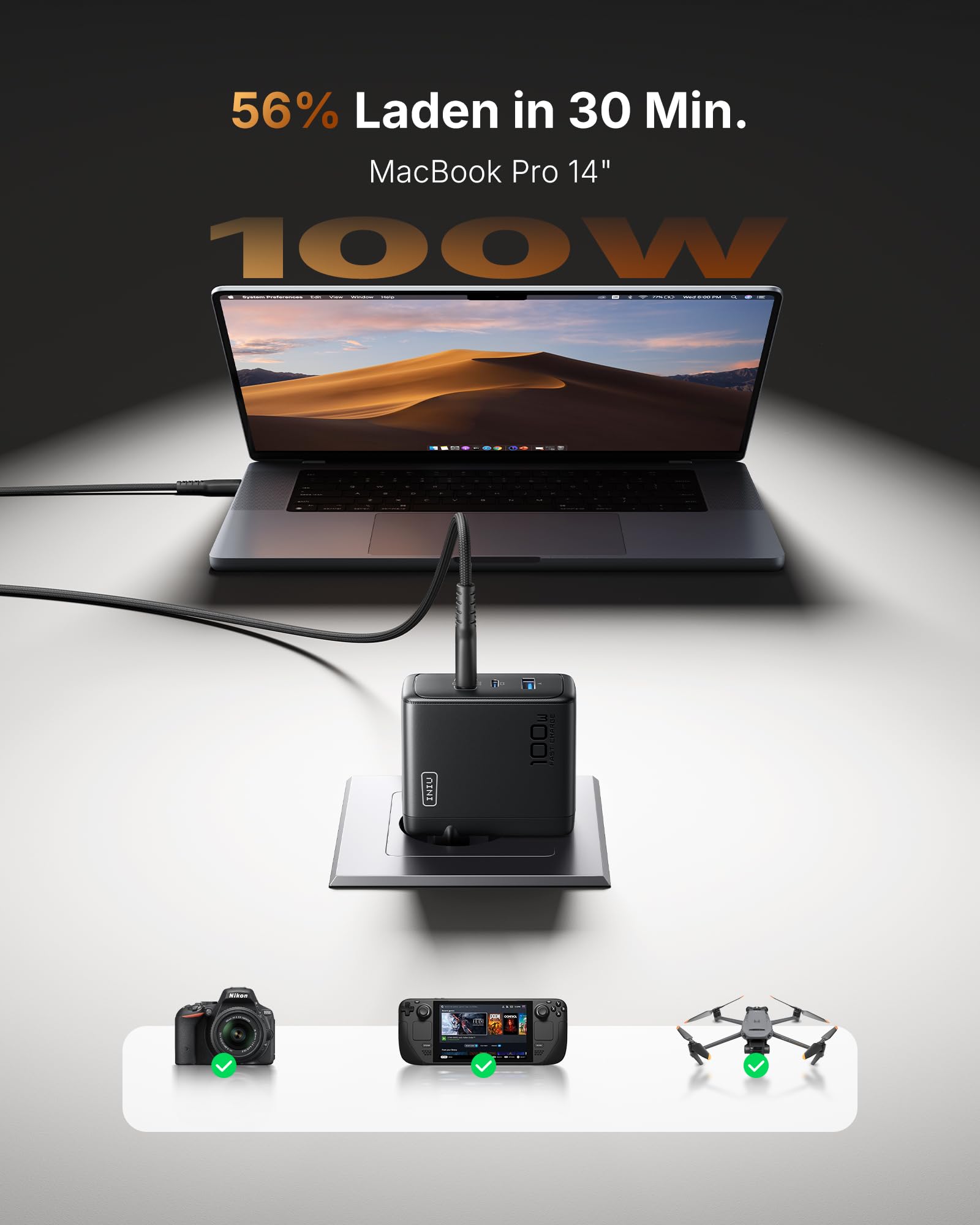 INIU USB C Ladegerät, 100W 3-Port Laptop Schnellladegerät mit 1.5m Kabel 3