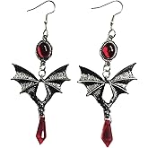 Gothic Black Bat Vampire Dangle Earrings with Red Crystal Gems - Punk Animal Earrings for Halloween Costumes & Women