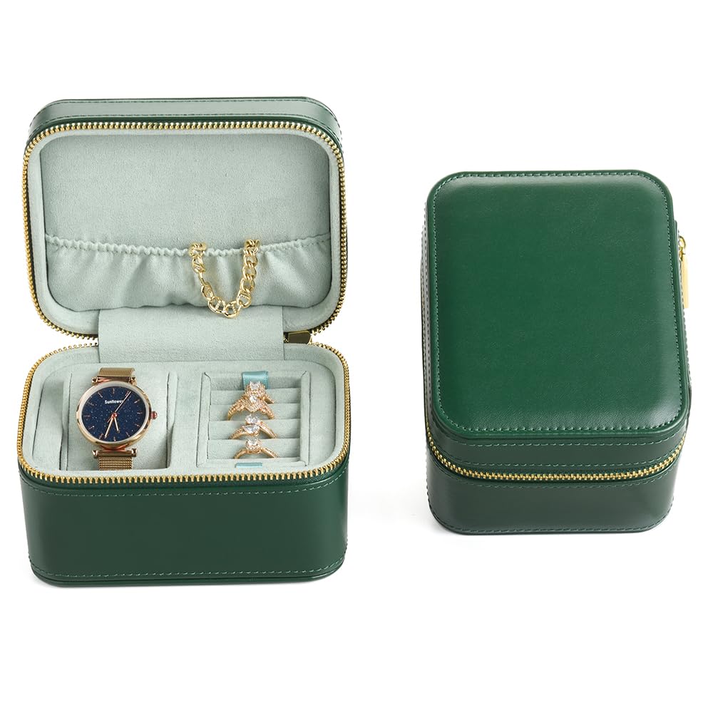 Photo 1 of Watch Jewelry Travel Case for Men and Women, 1 Slot Watch Pouch with Jewelry Holder, Ring Necklace Earring Organizer for Home Storage, Travel and Display(Green)