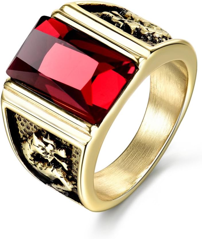 MASOP Anti Allergic Red Synthetic Ruby Stainless Steel Rings for Men Engraved Dragon Party Ring Size 8 12