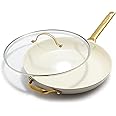 GreenPan Reserve Hard Anodized Healthy Ceramic Nonstick 12" Frying Pan Skillet with Helper Handle and Lid, Gold Handle, PFAS-Free, Dishwasher Safe, Oven Safe, Taupe