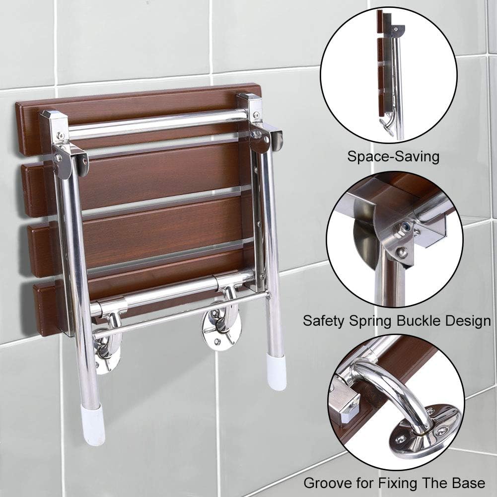 JCWANGDEFU Folding Shower Seat Wall Mounted Bathroom Bathtub Safety Stool Chair, Solid Wood, with Support Legs, Load of 350 lbs, 14.88"(L)*12"(W)*17.12"(H): Home & Kitchen