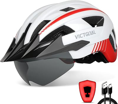 Victgoal Bike Helmet with USB LED Light Removable Goggles Visor White L57-61