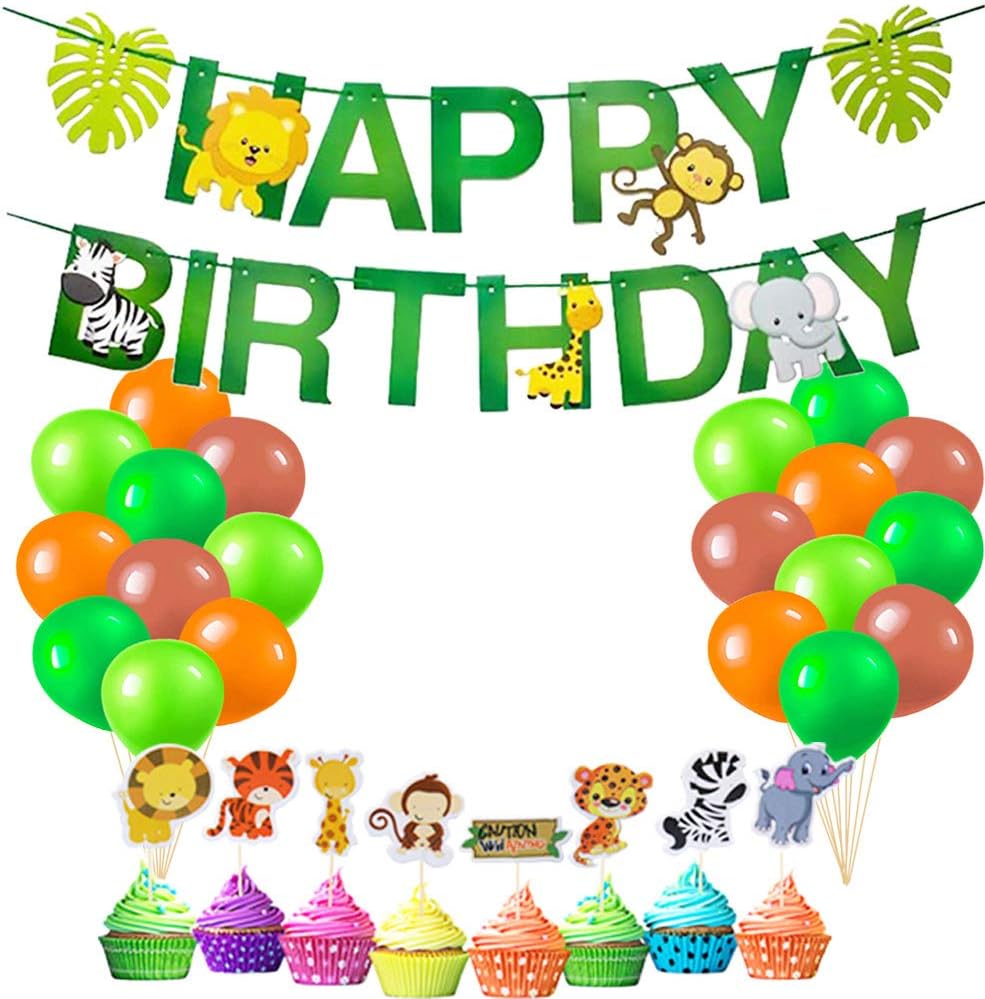 Jungle Safari Theme Birthday Party Supplies, Jungle Safari Leaves Happy Birthday Banner and Animal Cupcake Topper for Summer Safari Wild Themed Kids Birthday Party Decoration