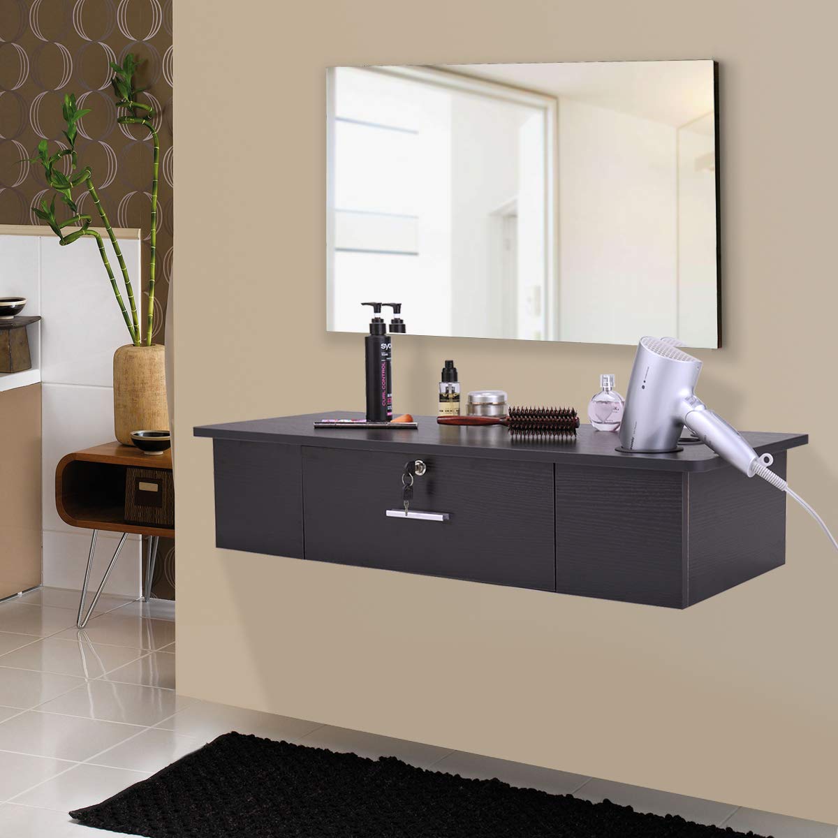 JAXPETY Salon Classic Wall Mount Styling Station, Beauty Salon Spa Locking Cabinet with 1 Drawer, Black: Beauty