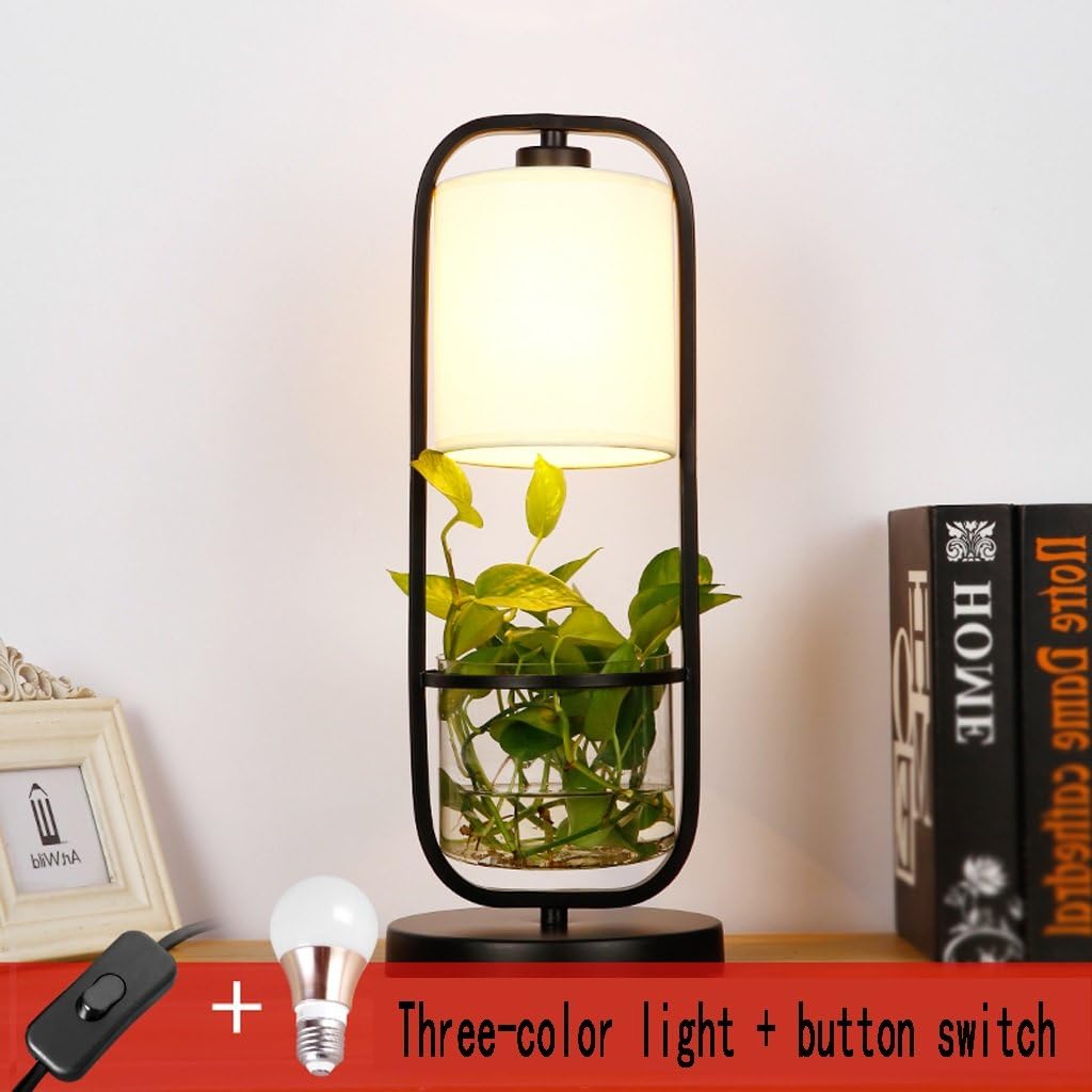 Yxsd Iron Frame Hydroponic Table Lamp Light, Glass Personality Desk Lamp Fabric Lampshade,20.5x7.9in