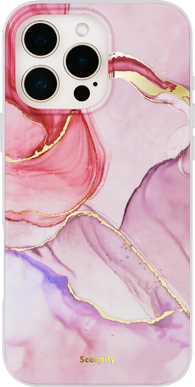 SCORPIFY for iPhone 16 Pro Case [Compatible with MagSafe] with Pink Flange Crystal Marble Design, Cute Magnetic Phone Cover for Women Girls, [Non Yellowing] Slim Bumper with Gold Accents