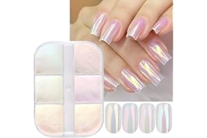 FURIMUK 6 Colors Chrome Nail Powder Metallic Mirror Effect Aurora Magic White Pearl Chrome Nails Powder for Nail Art Gel Polish, Mica Powder Iridescent Nail Powder Manicure Pigment