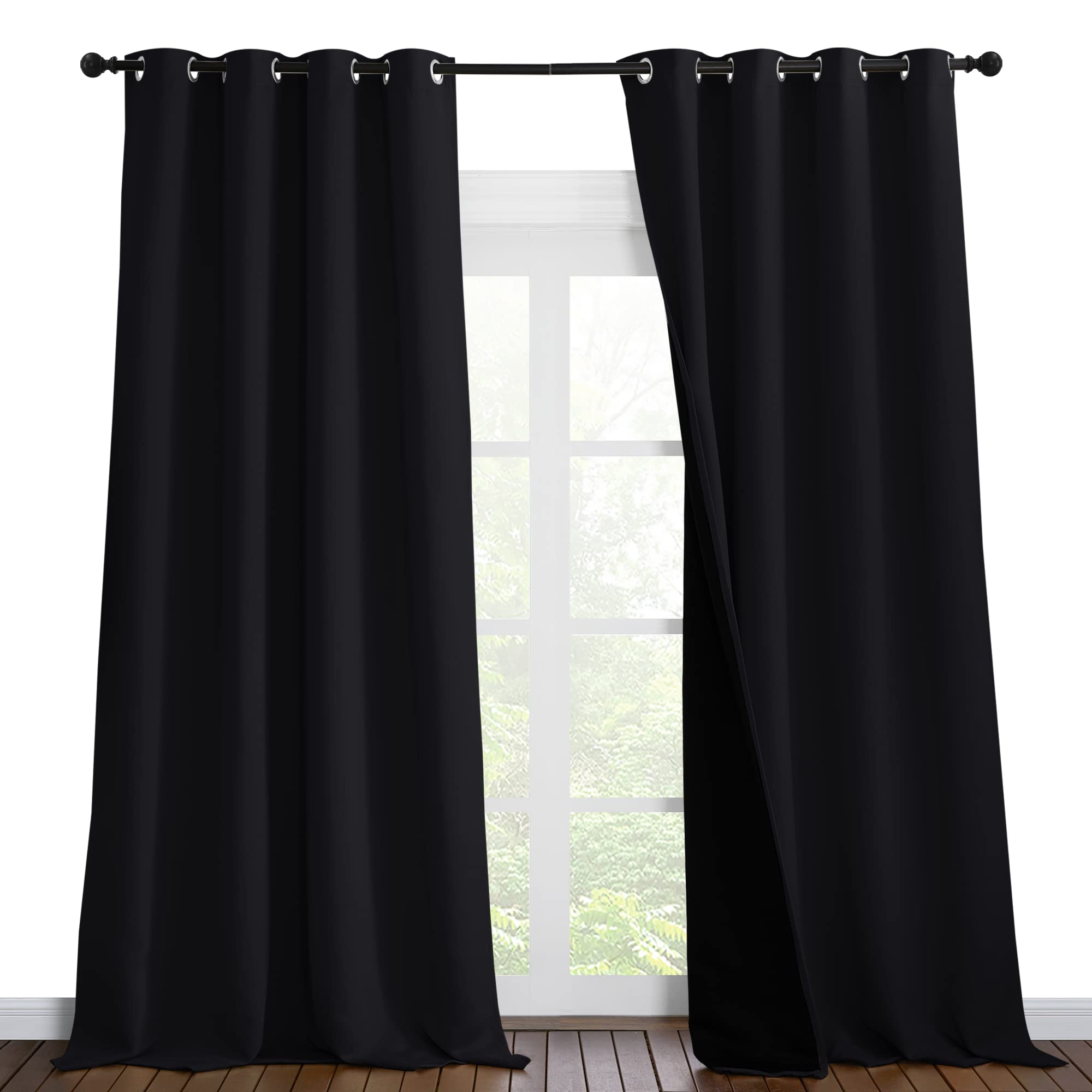 Photo 1 of NICETOWN Extra Long Truly Blackout Drapes for Hall and Villa, 100% Blackout Window Curtain Panels with Black Lined for Night Shift Worker, 55-inch Width Each Panel, 102-inch Length, Black, 2 Pieces