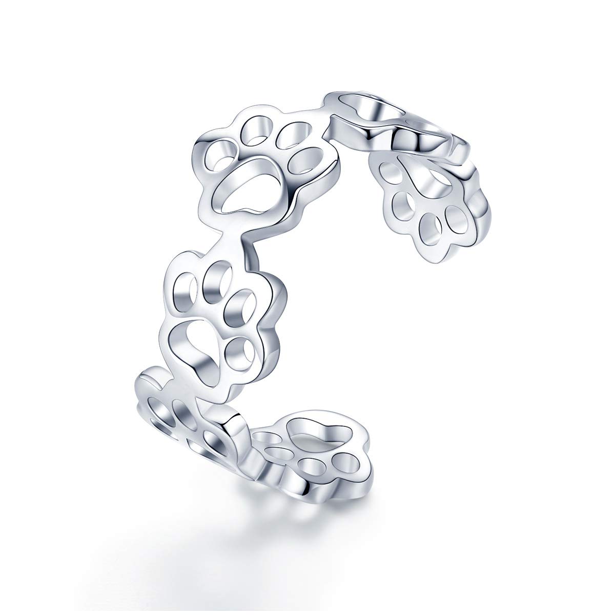 NewL 925 Sterling Silver Adjustable Cat And Dog Footprints Paw Trail Rings for Women Party Silver Jewelry