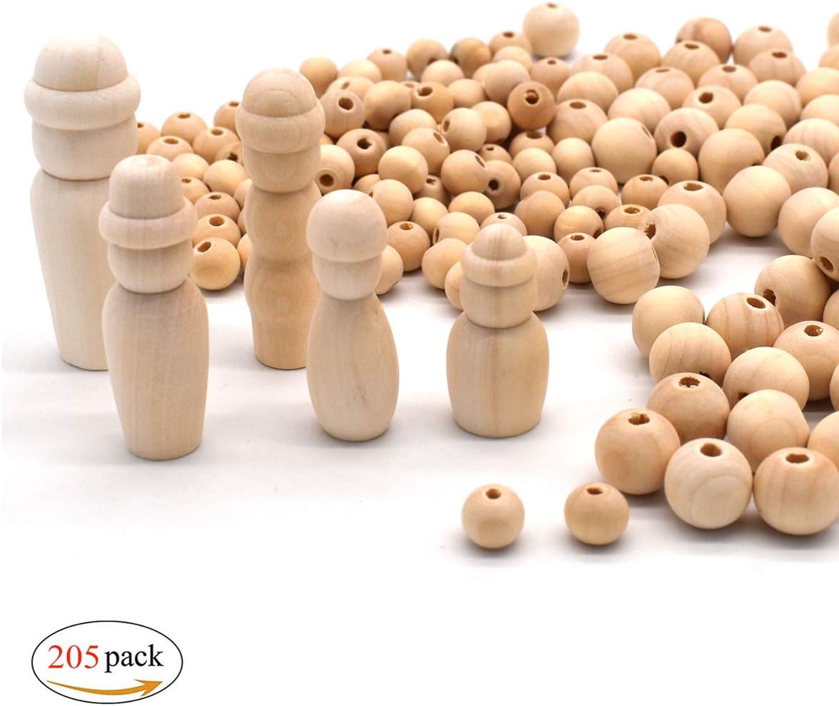 Xiuyer 200 Pieces Natural Round Wood Bead Set with 5 Unfinished Wooden Family Peg Dolls for DIY Craft Jewellery Making(Beads Sizes 10mm & 14mm)
