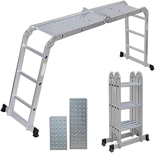 Artall Aluminium Mehrzweckleiter 4 x 3 Sprossen mit 2 Gerüstplatten, bis 150KG, 3,6m Gesamtlänge, Gelenkleiter, Vielzweckleiter, Gartenleiter, Leitergerüst