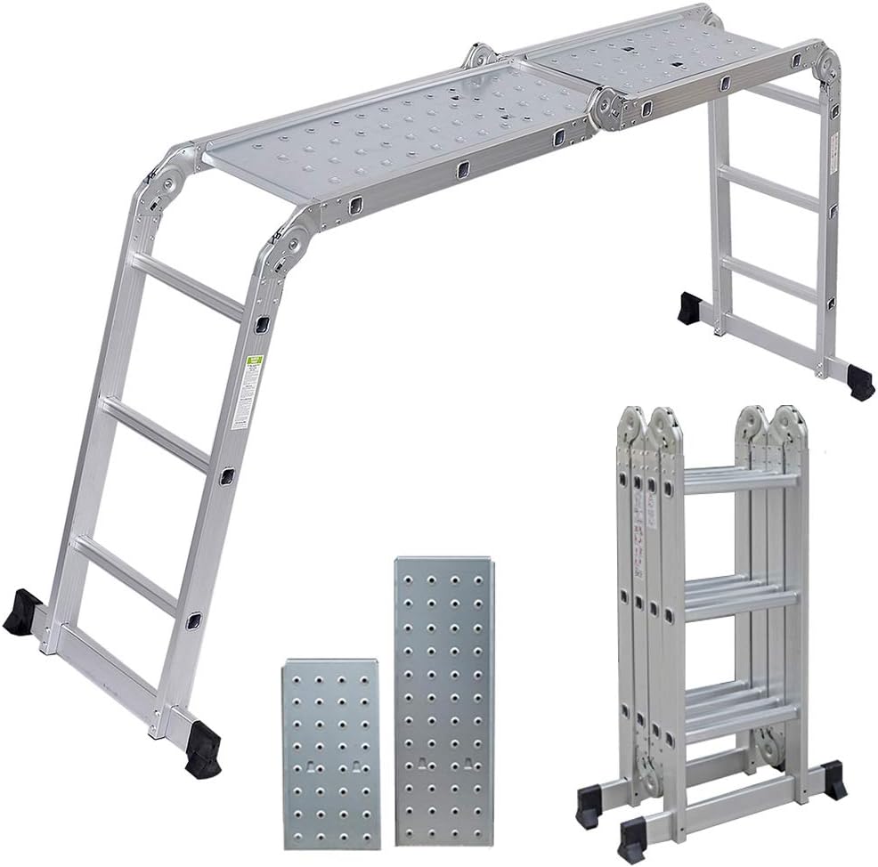 Artall Aluminium Mehrzweckleiter 4 x 3 Sprossen mit 2 Gerüstplatten, bis 150KG, 3,6m Gesamtlänge, Gelenkleiter, Vielzweckleiter, Gartenleiter, Leitergerüst