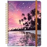 Ruled Spiral Writing Notebook,A5 Hardcover Lined College Journal for Women Girl,Strong Twin-Wire Binding with Premium Paper,8.4" X 6",Perfect for School,Office(Palm Tree Tropical Night Beach)