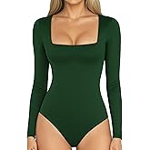 MANGOPOP Women's Square Neck Short Sleeve Long Sleeve Bodysuit Sexy Body Suits Shirt Slim Fitted Tops