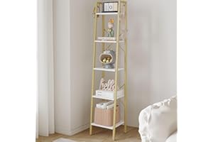 Hzuaneri Ladder Shelf, Bookshelf Bookcase, Freestanding Corner Storage Shelve with 2 Hooks for Home Office, Living Room, Kitc