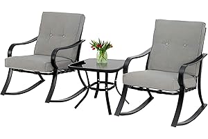 Incbruce 3 Piece Patio Bistro Set Outdoor Rocking Chairs Set, Porch Patio Conversation Chairs Set of 2 with Glass-Top Coffee Table (Grey Thickened Cushion)
