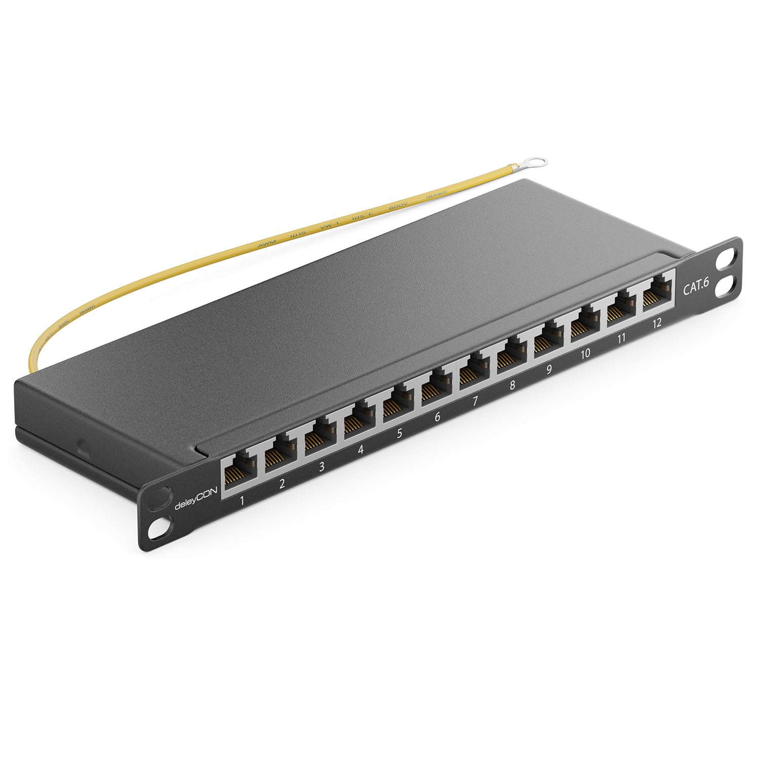 deleyCON, Cat 6 0.5U Patch Panel Mini, 12-Port, Screened, TIA568A/B, Metal, Black, Rack Mount for Desktop/Server