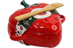 Ceramic Straweberry Red Shaped Brie Baker With Lid, Side Handles And Bamboo Spreader