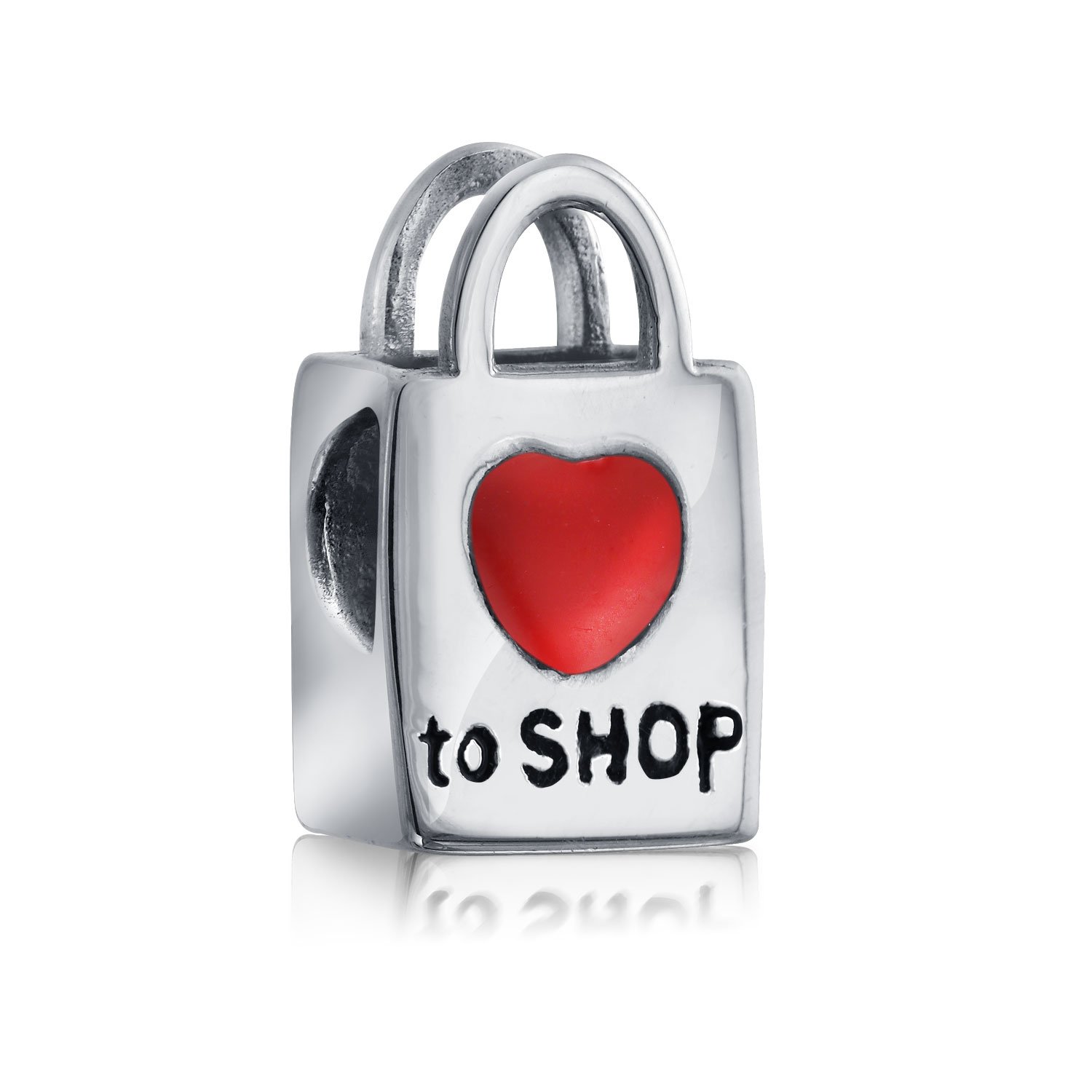 Bling Jewelry Shopping Bag Heart Love Charm Bead Women Teen Oxidized .925 Sterling Silver Fits European Bracelet