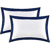 Ranznaz White Euro Pillow Shams Set of 2, 100% Cotton Euro Sham Covers with Navy Blue Border, 400TC Luxury Sateen Weave Soft Smooth Breathable Pillow Cases, 26x26 Inches