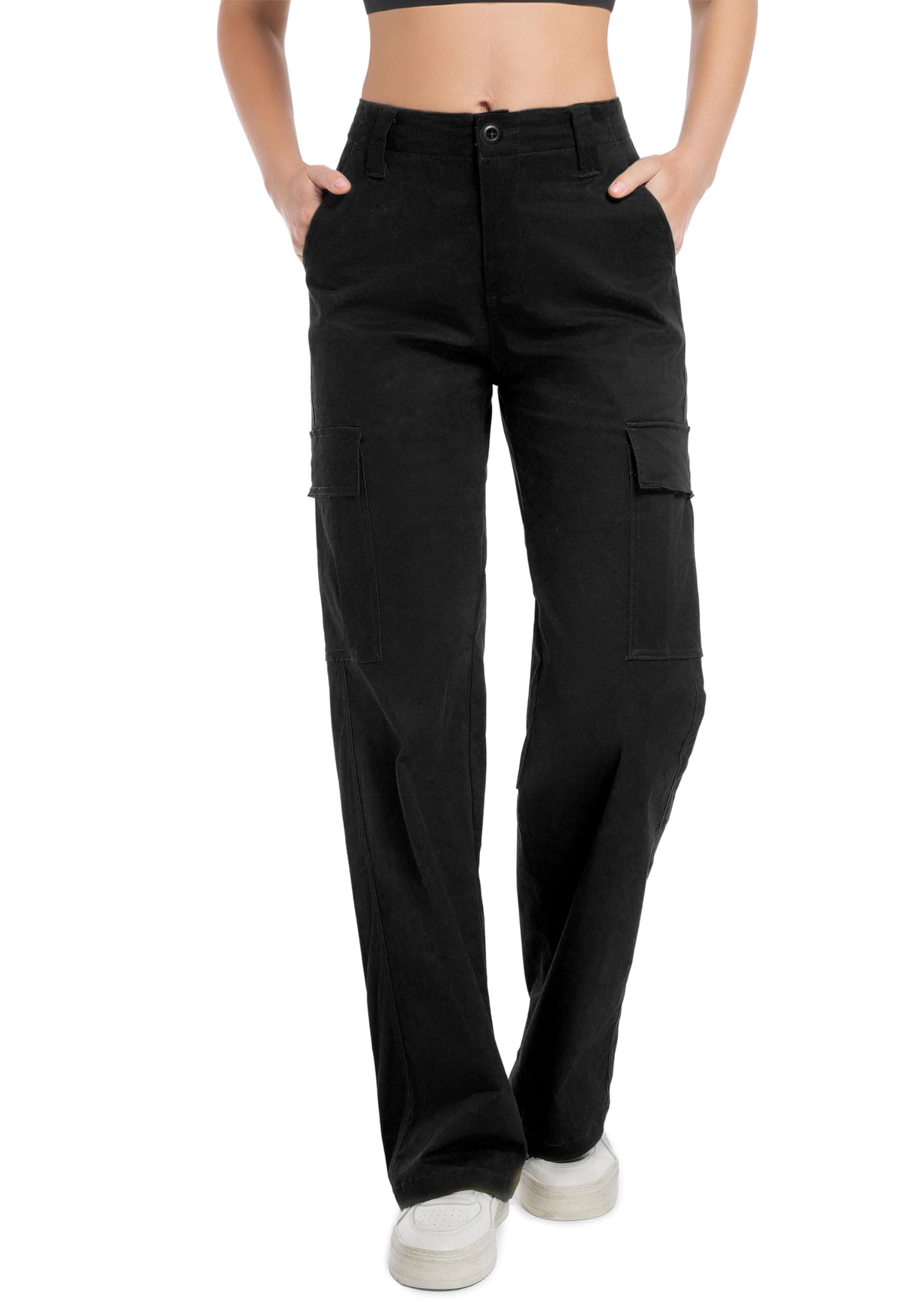 Photo 1 of Soulsfeng Womens Black Cargo Pants with Pockets Baggy Cotton Straight Wide Leg Hiking Work Pants Plus Size 2