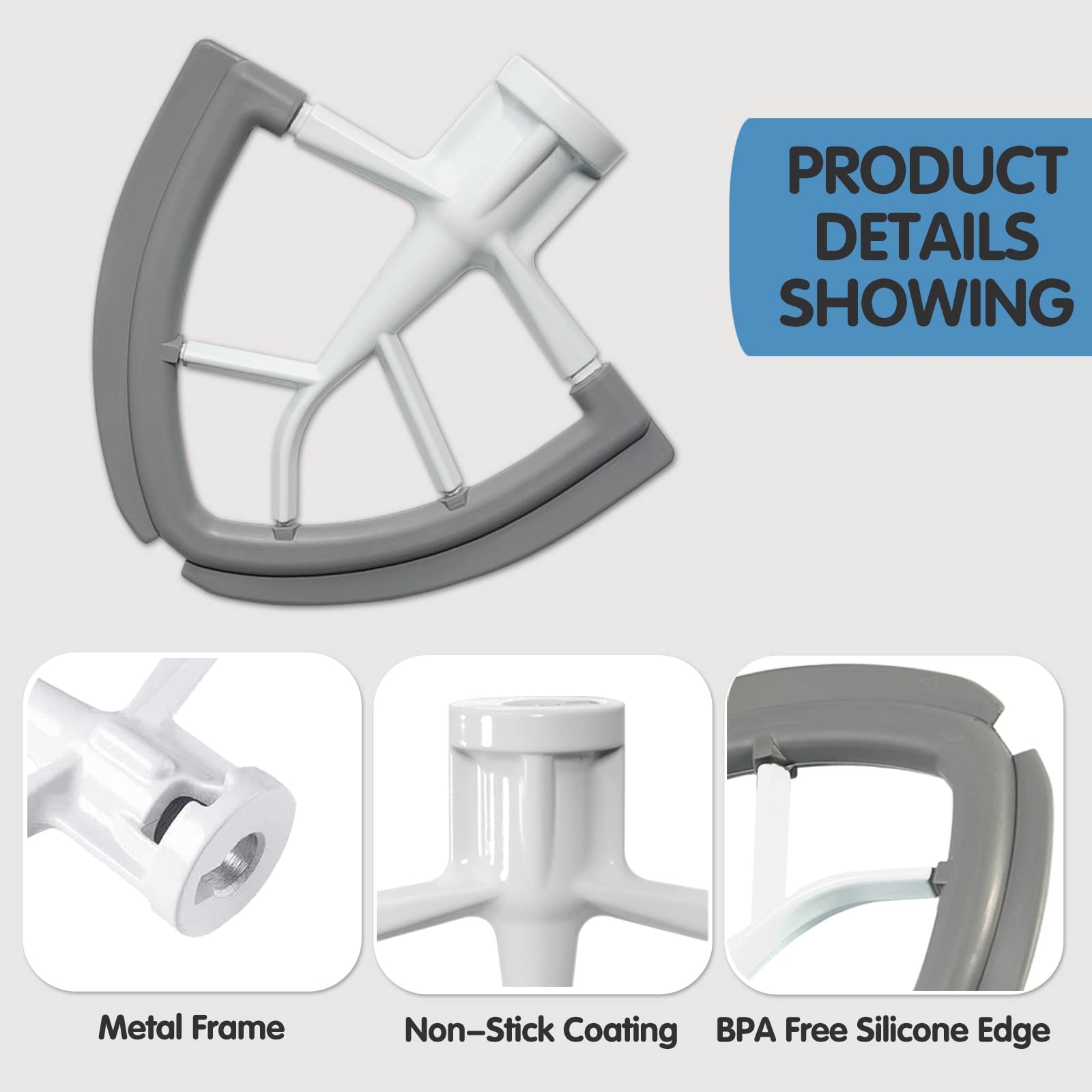 Flex Edge Beater For KitchenAid 4.5-5 Quart Tilt-Head Stand Mixers, Non-Stick Coated Blade Beater with Both-Sides Flexible Silicone Edges Bowl Scraper, Mixer Accessories Paddle Attachment