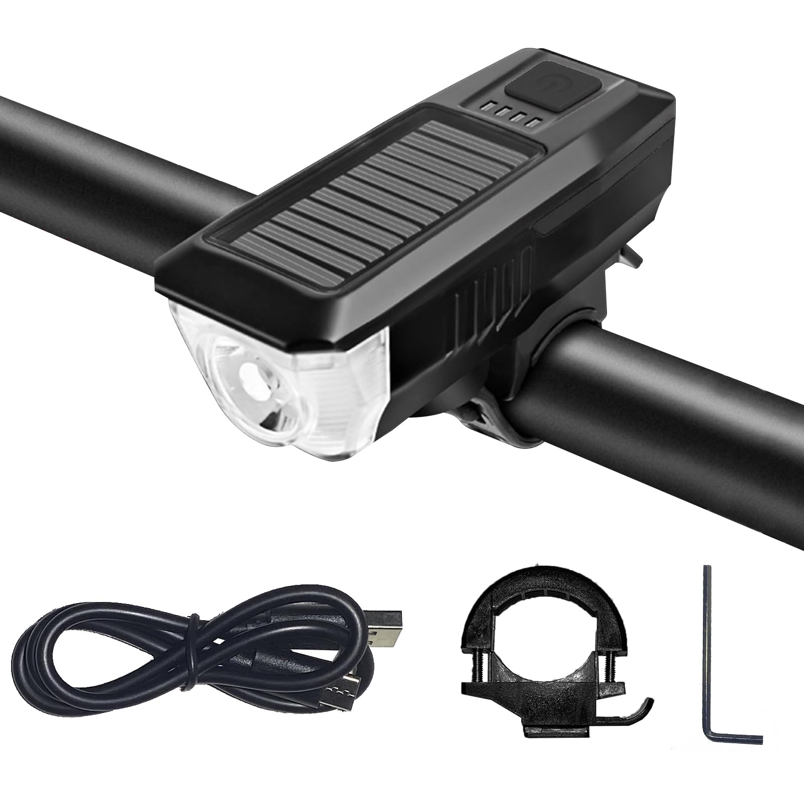 Photo 1 of Ultra Bright Bike Light, IPX4 Water Resistant Bicycle Headlight, USB Rechargeable, 3 Light Modes, Solar Powered LED Bicycle Lights Front for Kid Women Men Road Cycling Safety