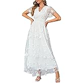 Miessial Women's V-Neck Lace Floral Long Dress Embroidery Cocktail Wedding Guest Boho Maxi Dress