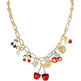 Cherry Bow Heart Charm Necklace for Women, Gold Chunky 3D Fruit Realistic Enamel Pearl Adjustable Chain Handmade Fashionable Christmas Jewelry Gift