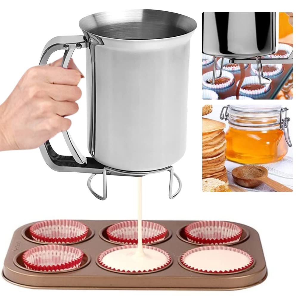 PERFETSELL Batter Separator 900ML Stainless Steel Pancake Batter Dispenser Waffles Cupcake Batter Dispenser Maker Manual Cooking Crepes Funnel Dispenser Kitchen Baking Tool for Muffin Cake (Silver)