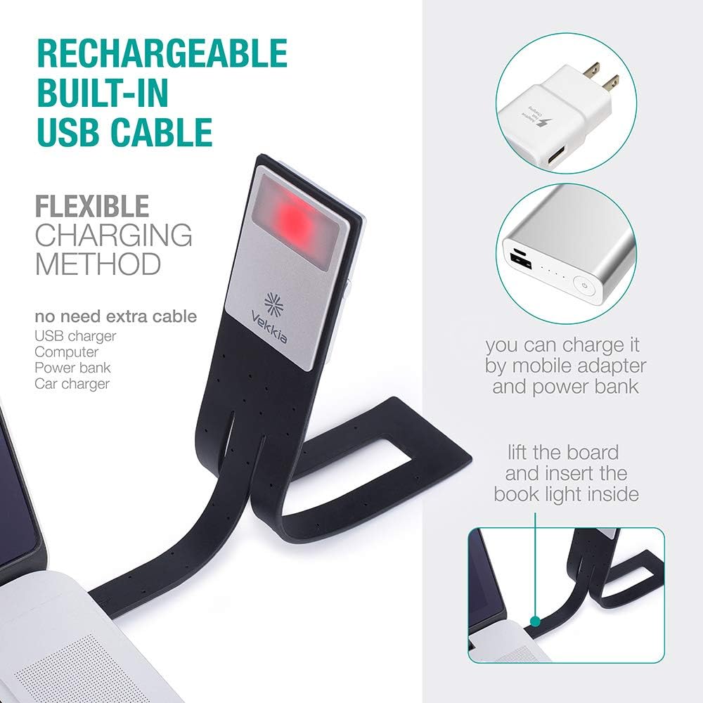 Vekkia Bookmark Book Light, Clip on Reading Lights for Books in Bed, Infinite Brightness Levels, Soft Light Easy for Eyes, Built-in USB Cable Easy Charge. Perfect for Avid Readers - - 