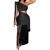 Kwunbwa Womens Sexy One Shoulder Fringe Dress Elegant Sleeveless Maxi Dress Bodycon Flowy Club Party Cocktail Dresses